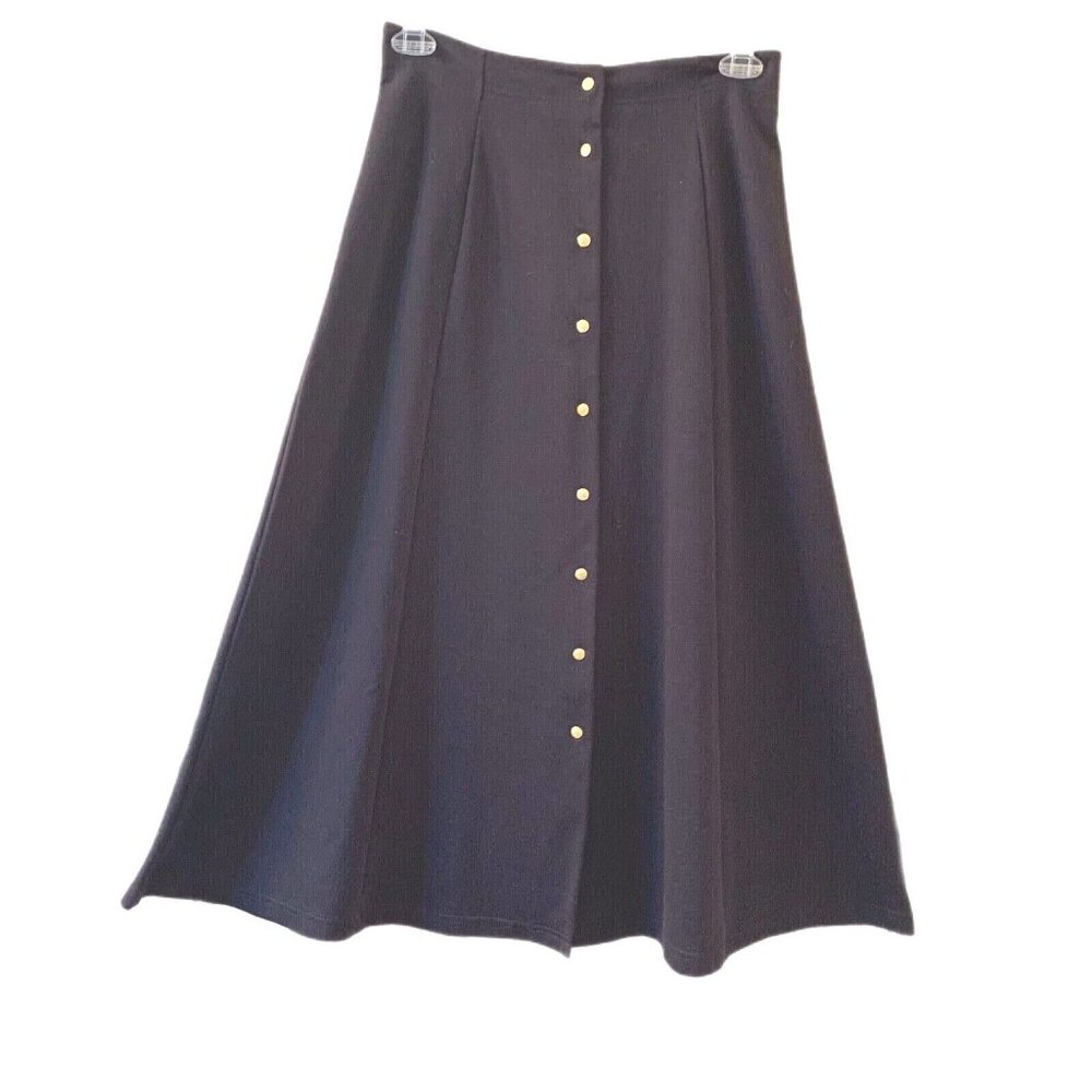 LizSport Stretch A-Line Black Skirt Gold Buttons Sz 10 Flared Knee Length